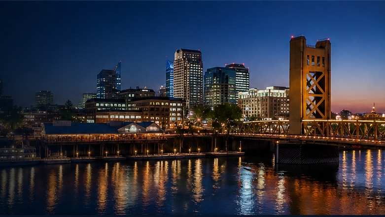 The Tower Bridge and downtown Sacramento skyline reflected in the river at night
